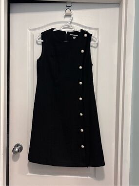 karl lagerfeld black dress with pearls KARL LAGERFELD PARIS Women's Scuba Crepe Sheath with Neckline Pearl Bow  Details Dress